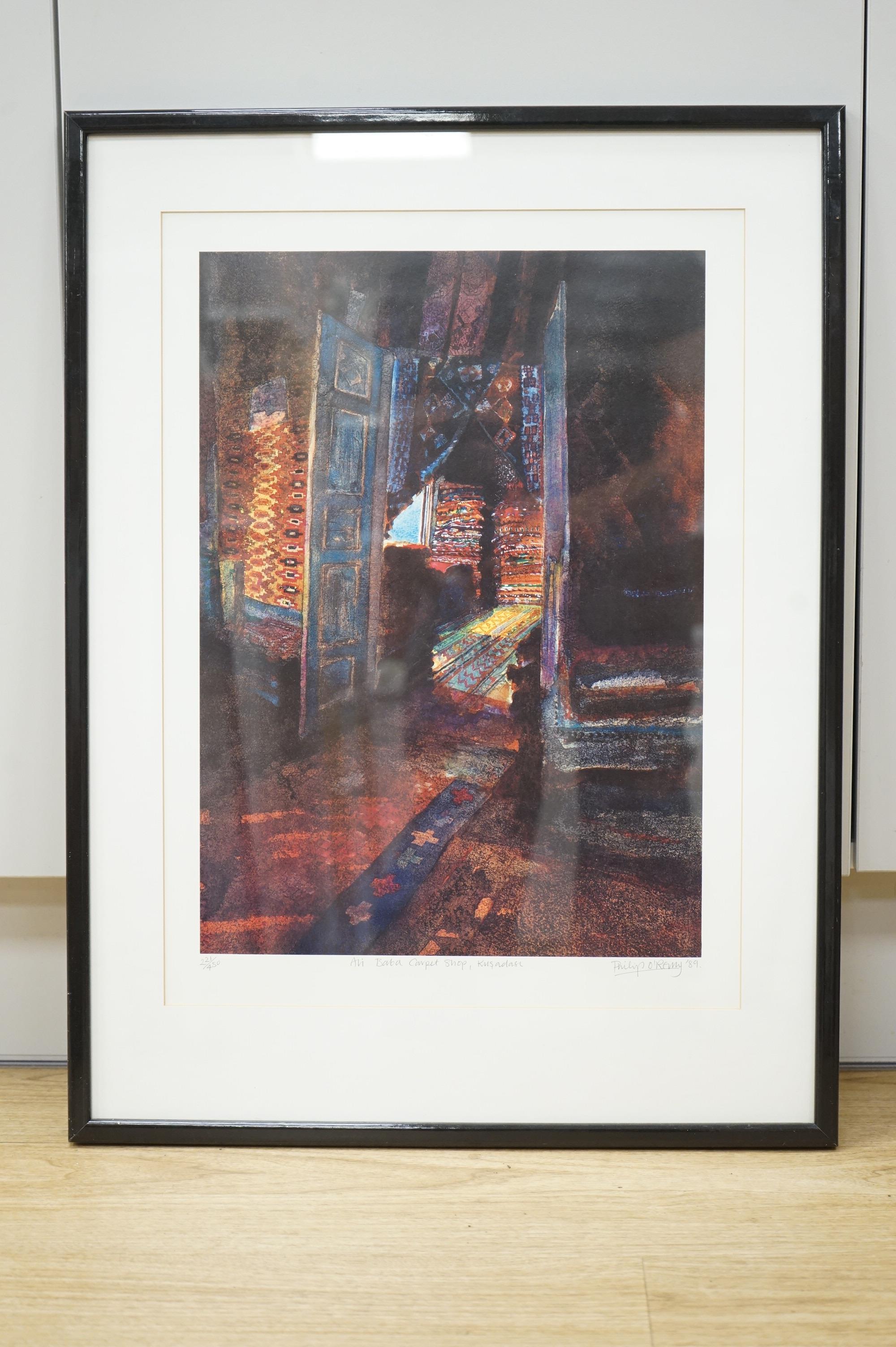 Philip O’Reilly, colour print, ‘Ali Baba Carpet Shop’, signed and dated '89, limited edition 221/450, 48 x 36cm